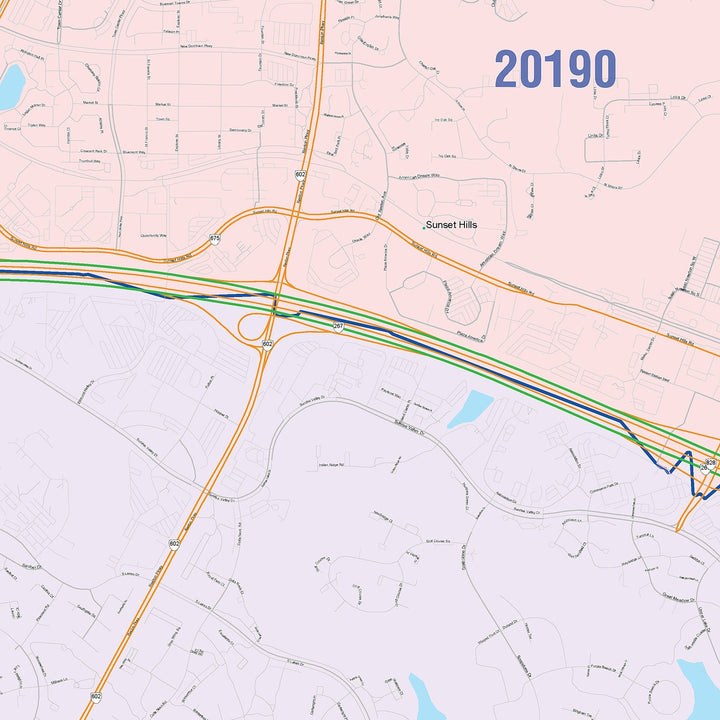 Color Cast Zip Code Style Wall Map of Reston, VA