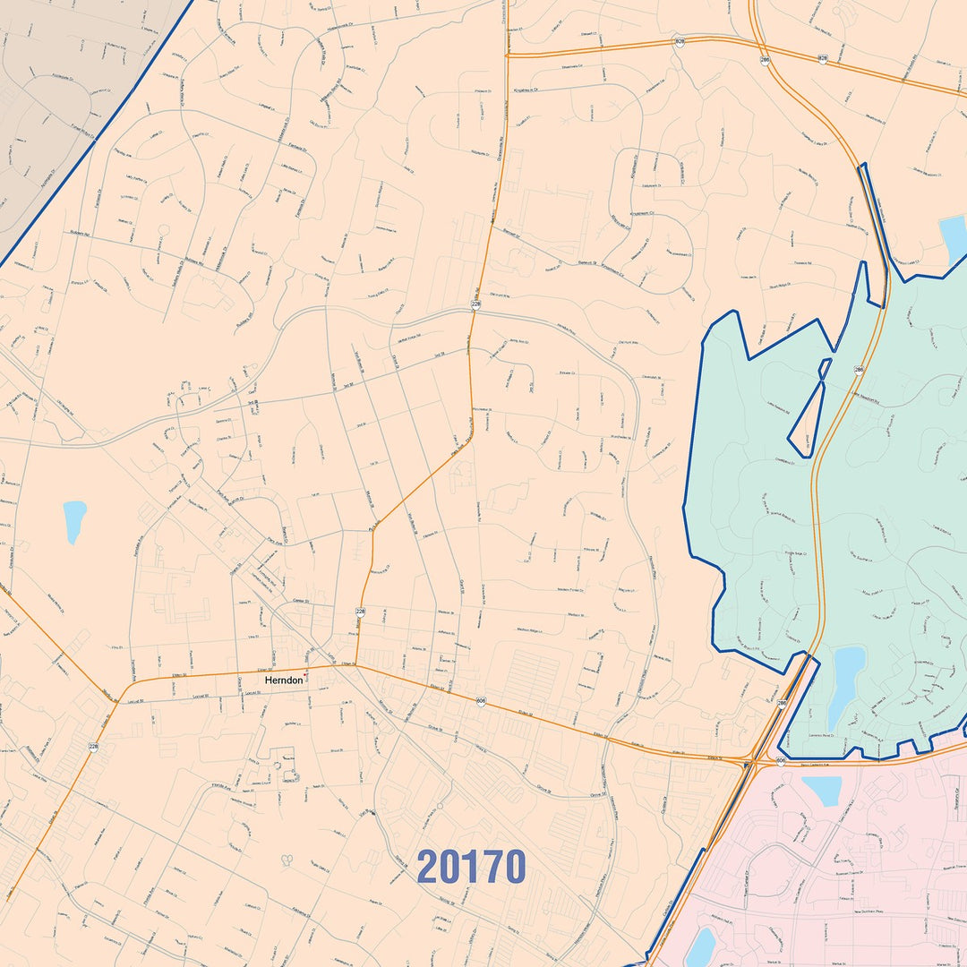Color Cast Zip Code Style Wall Map of Reston, VA