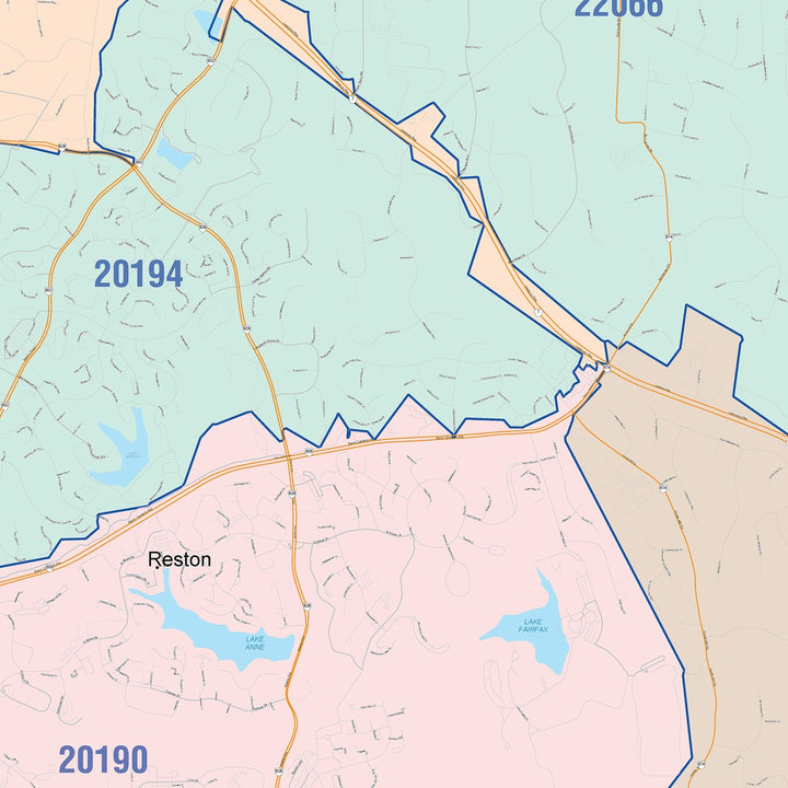 Color Cast Zip Code Style Wall Map of Reston, VA