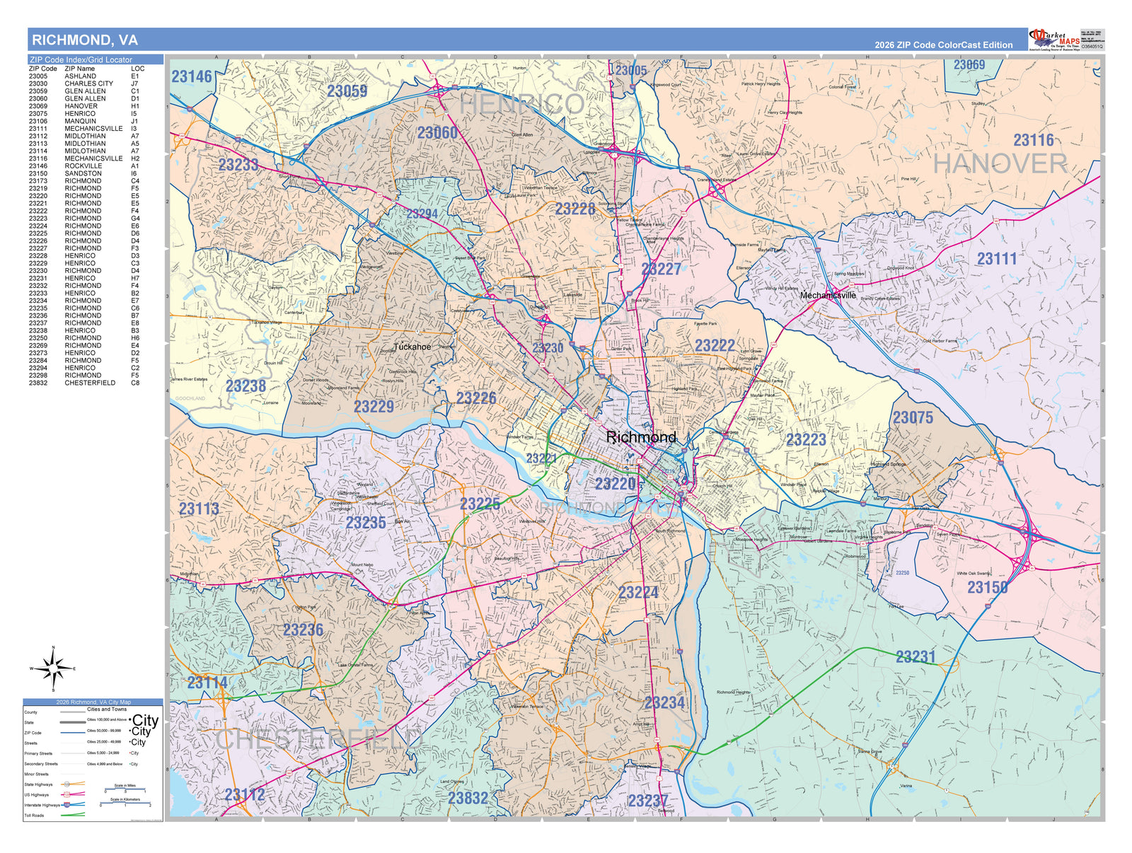 Color Cast Zip Code Style Wall Map of Richmond VA