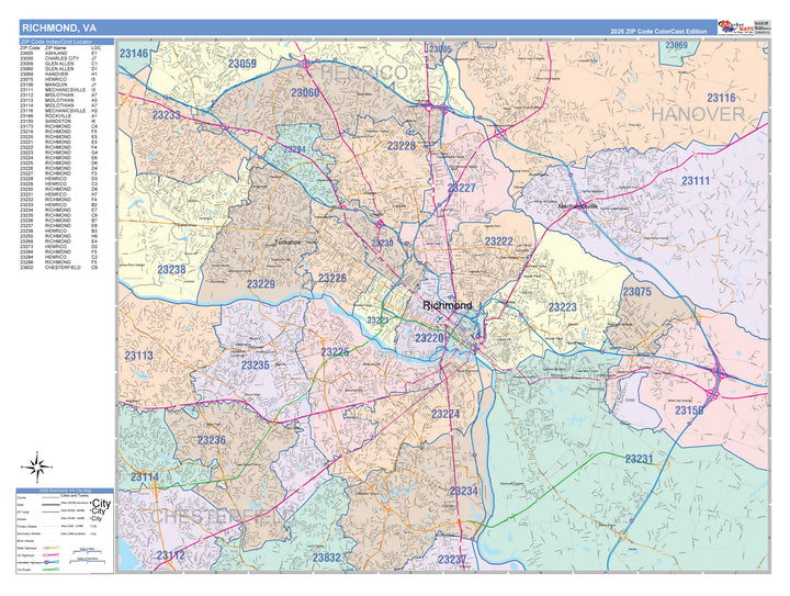 Color Cast Zip Code Style Wall Map of Richmond VA