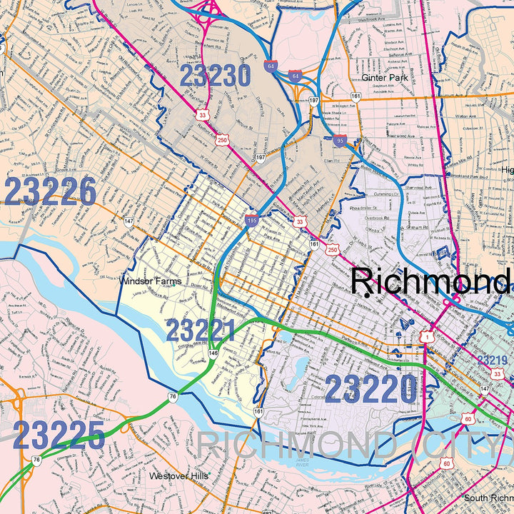 Color Cast Zip Code Style Wall Map of Richmond VA