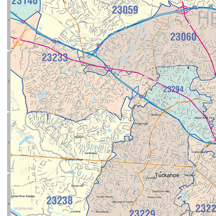 Color Cast Zip Code Style Wall Map of Richmond VA
