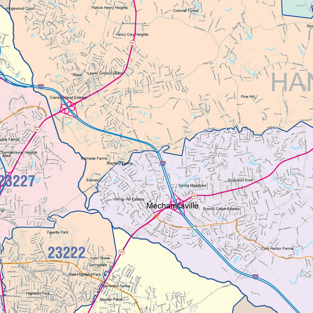 Color Cast Zip Code Style Wall Map of Richmond VA
