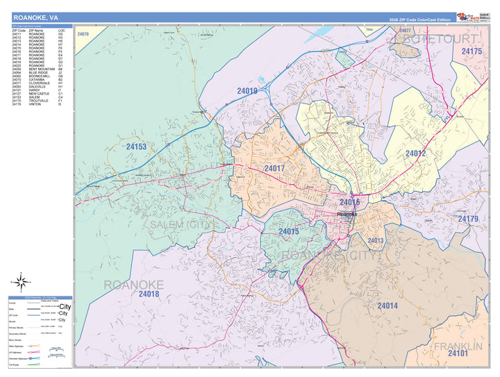 Color Cast Zip Code Style Wall Map of Roanoke, VA