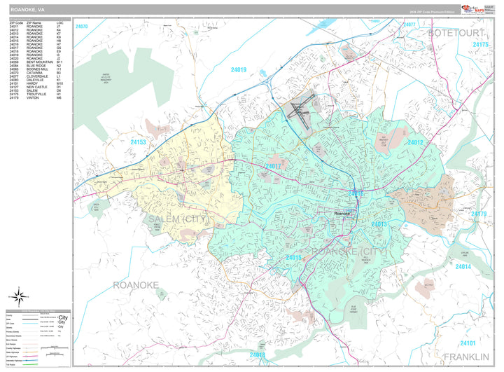 Premium Style Wall Map of Roanoke, VA