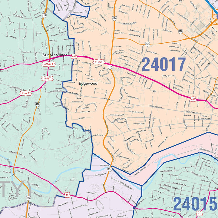 Color Cast Zip Code Style Wall Map of Roanoke, VA