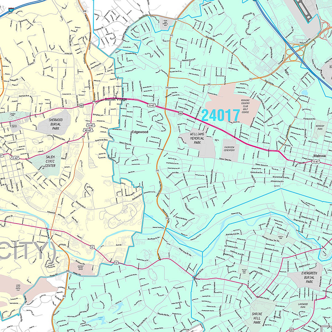 Premium Style Wall Map of Roanoke, VA