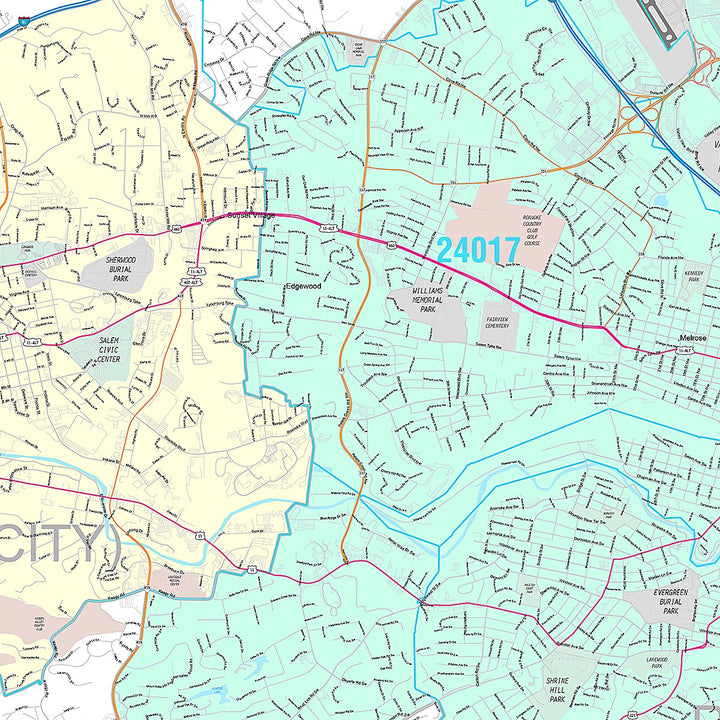 Premium Style Wall Map of Roanoke, VA