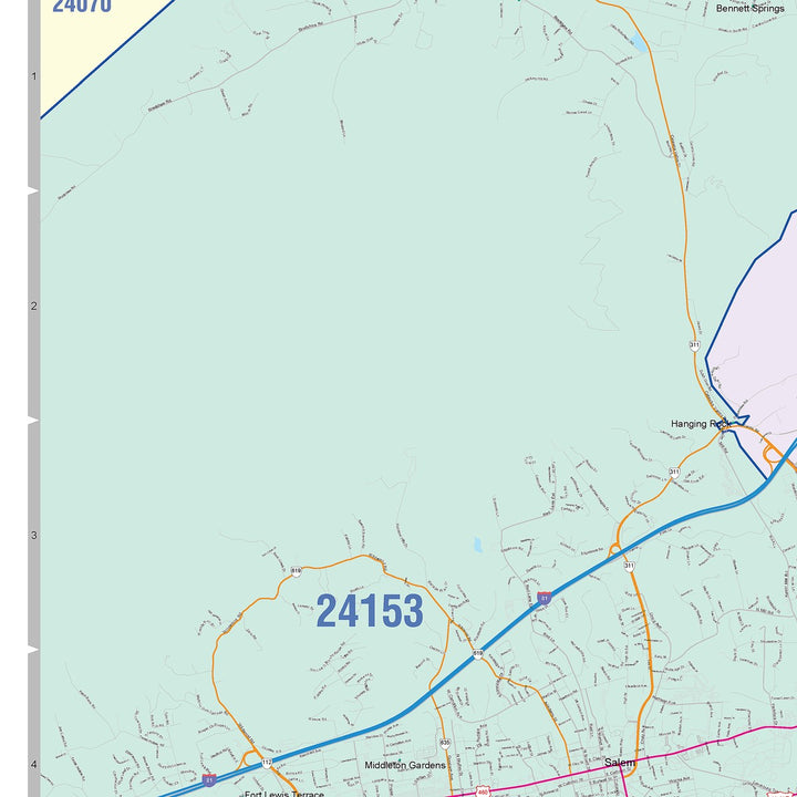 Color Cast Zip Code Style Wall Map of Roanoke, VA