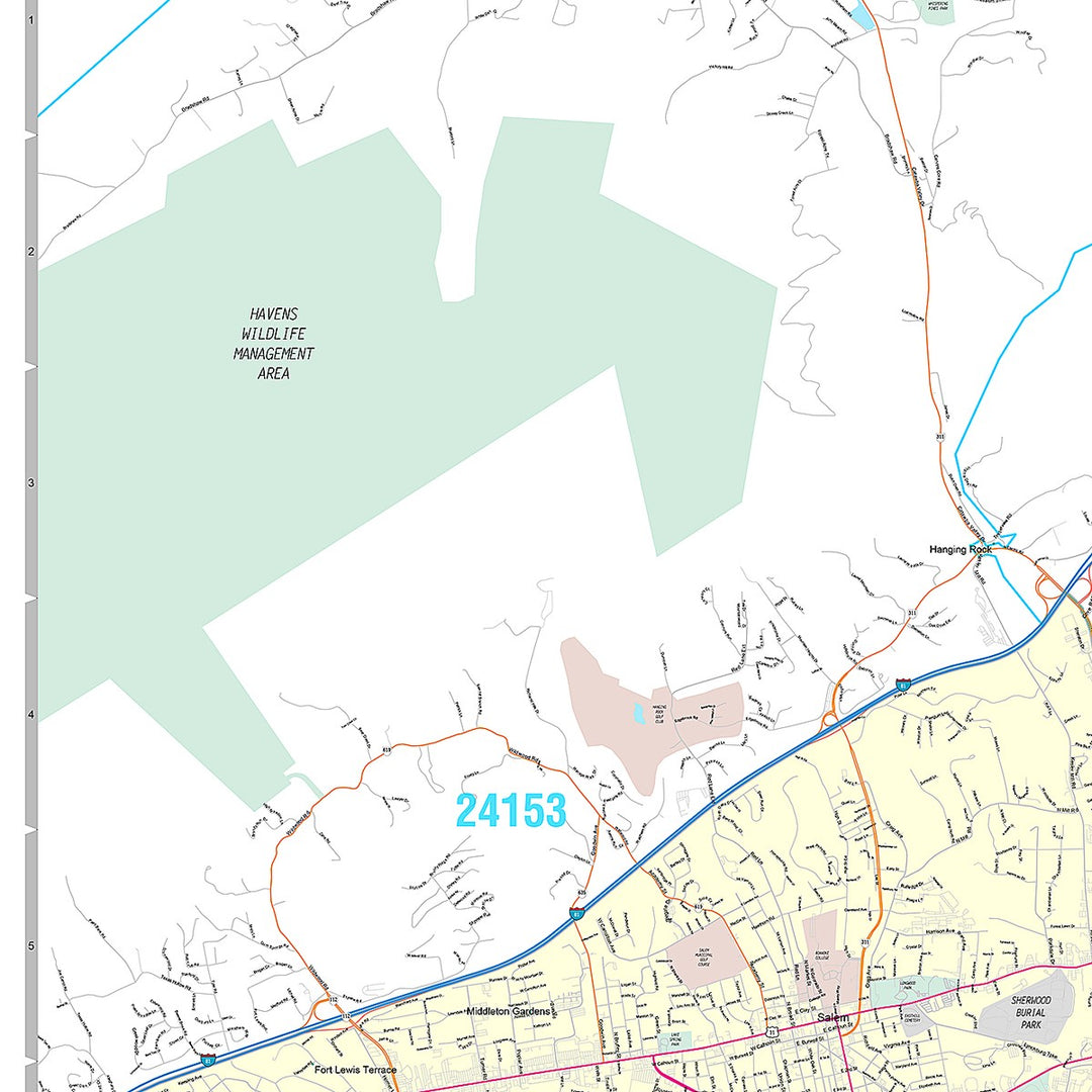 Premium Style Wall Map of Roanoke, VA