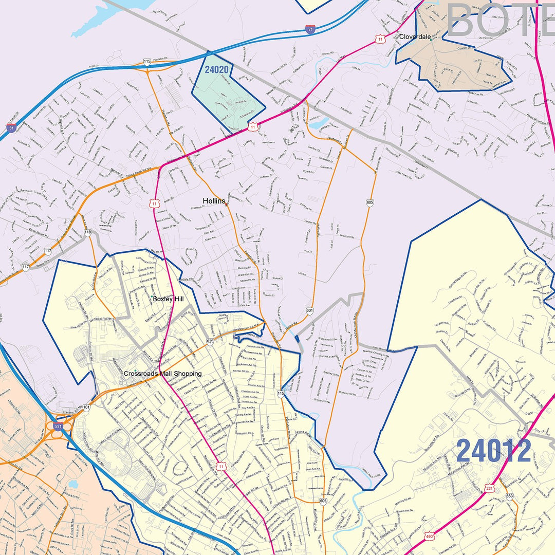 Color Cast Zip Code Style Wall Map of Roanoke, VA