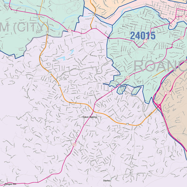 Color Cast Zip Code Style Wall Map of Roanoke, VA