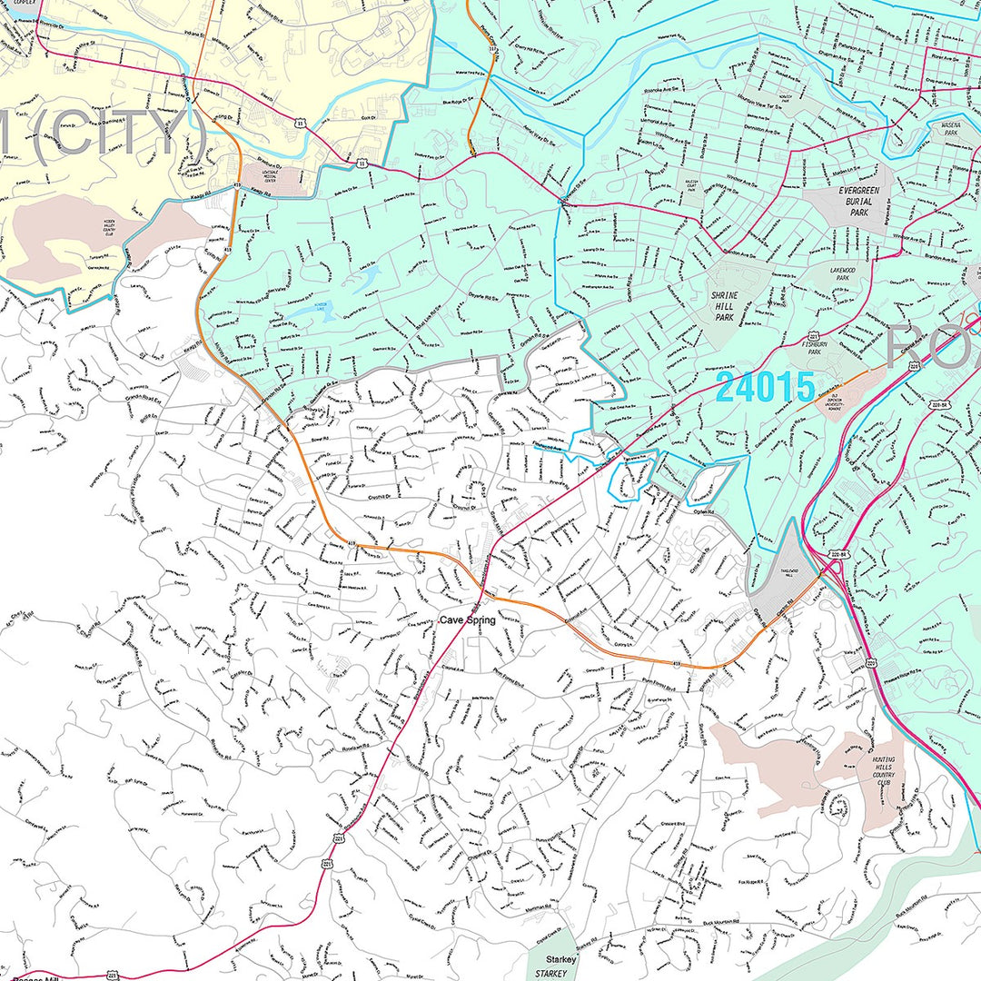 Premium Style Wall Map of Roanoke, VA