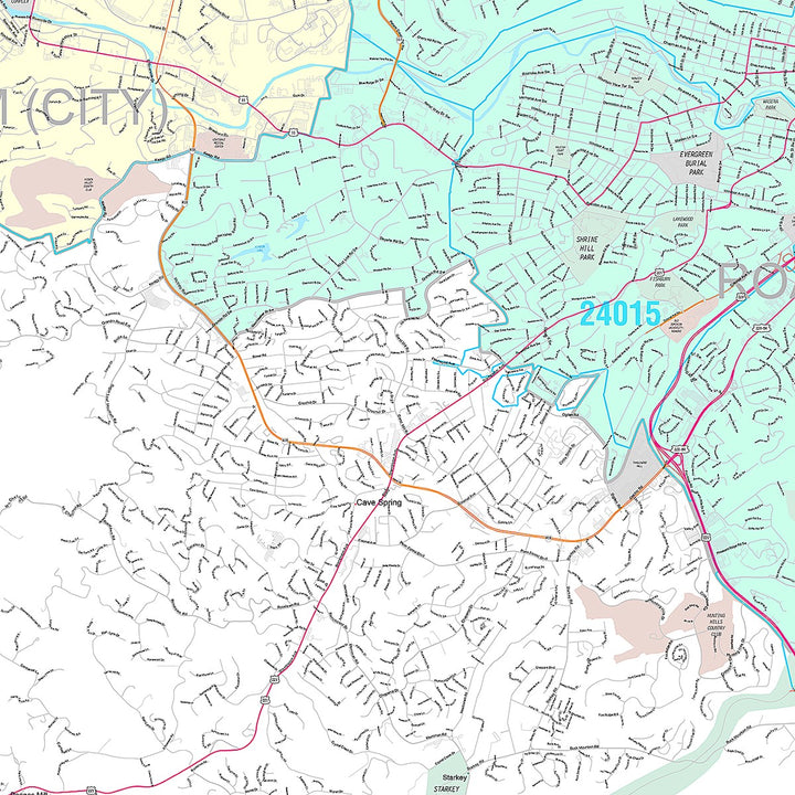 Premium Style Wall Map of Roanoke, VA