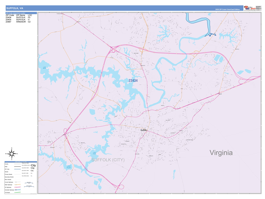 Color Cast Zip Code Style Wall Map of Suffolk, VA