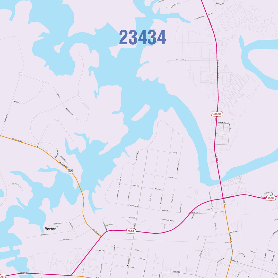 Color Cast Zip Code Style Wall Map of Suffolk, VA