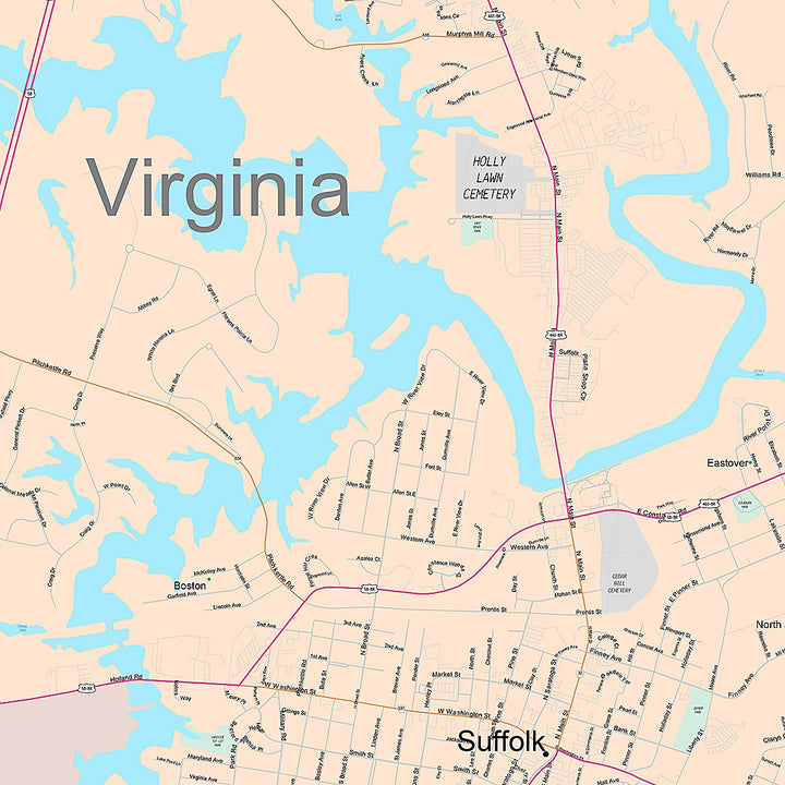 Premium Style Wall Map of Suffolk, VA