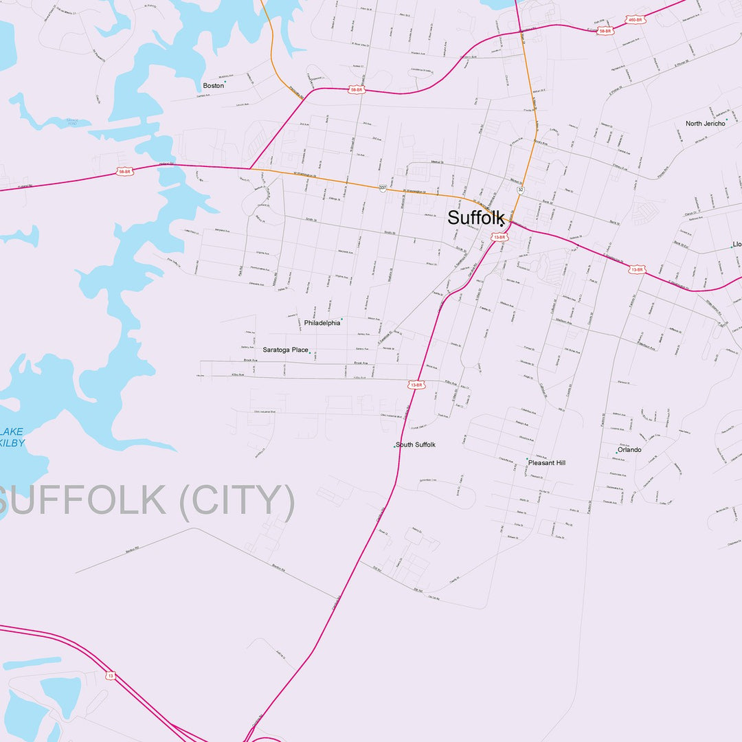 Color Cast Zip Code Style Wall Map of Suffolk, VA