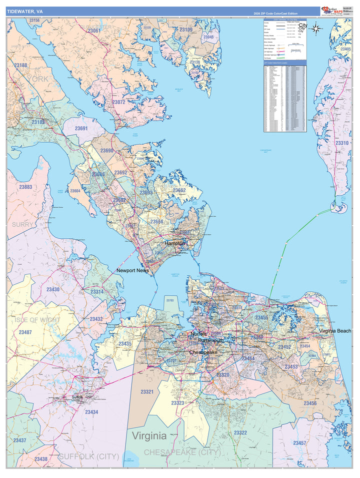 Color Cast Zip Code Style Wall Map of Tidewater, VA