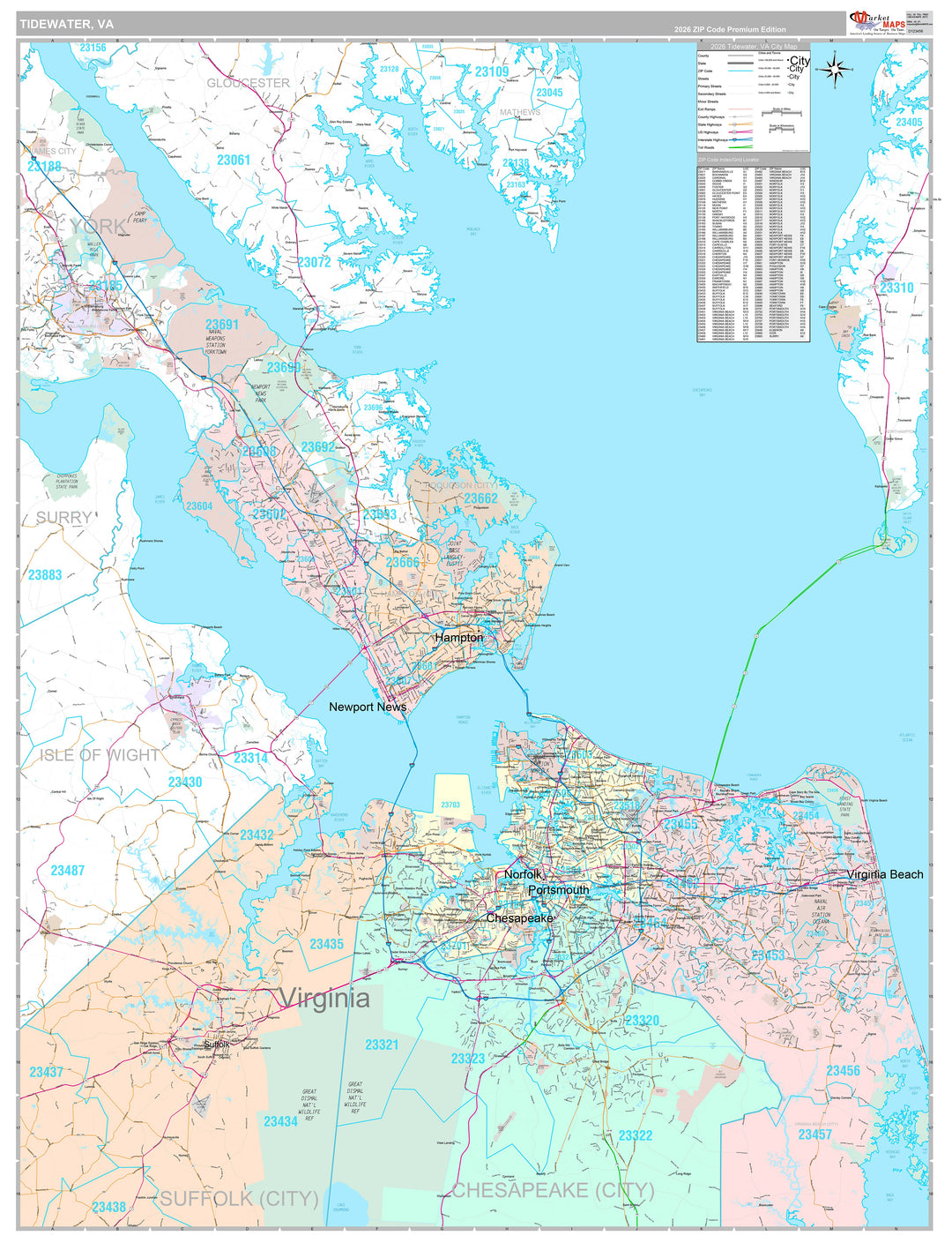 Premium Style Wall Map of Tidewater, VA