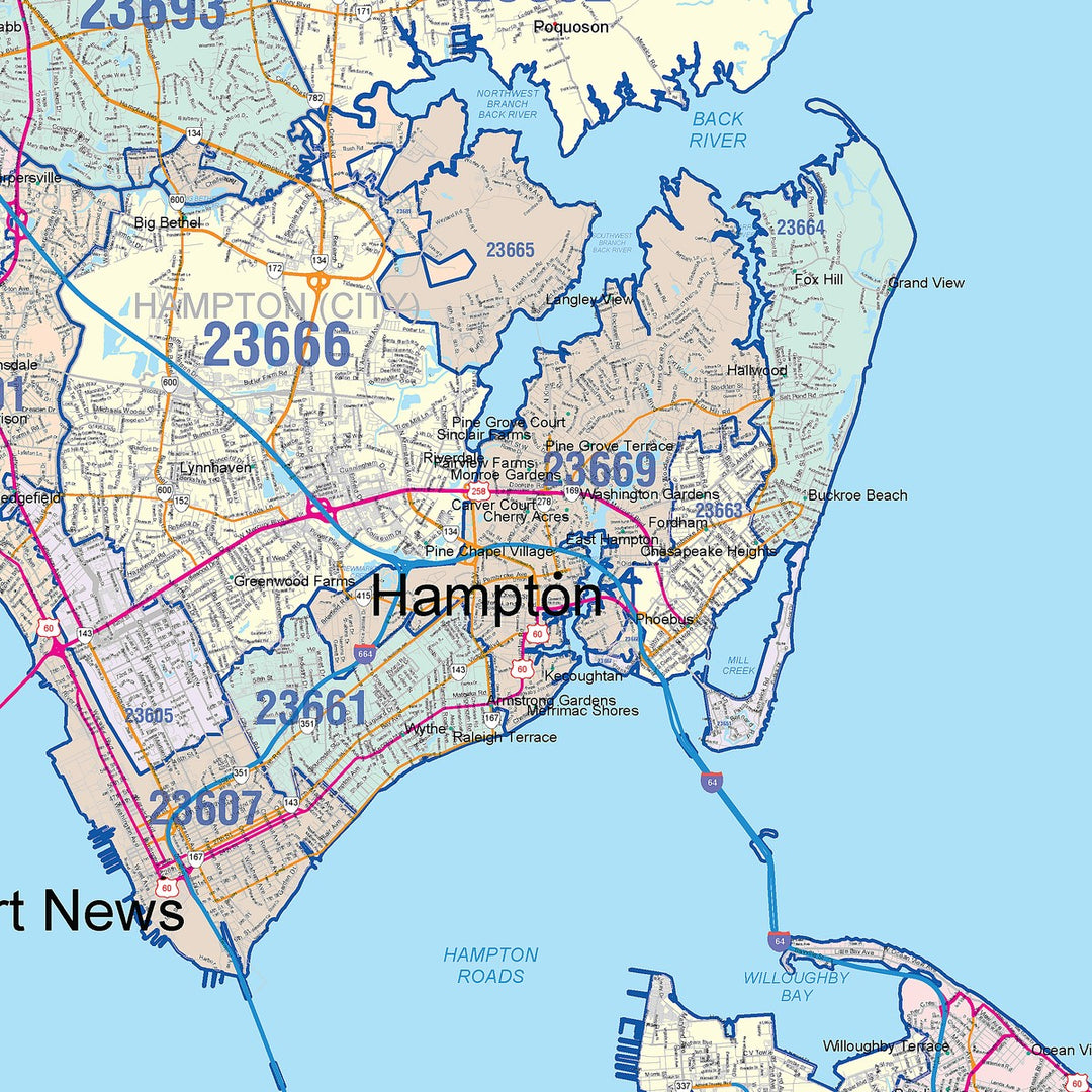 Color Cast Zip Code Style Wall Map of Tidewater, VA