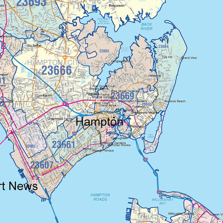 Color Cast Zip Code Style Wall Map of Tidewater, VA