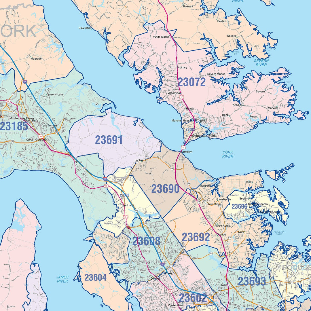 Color Cast Zip Code Style Wall Map of Tidewater, VA