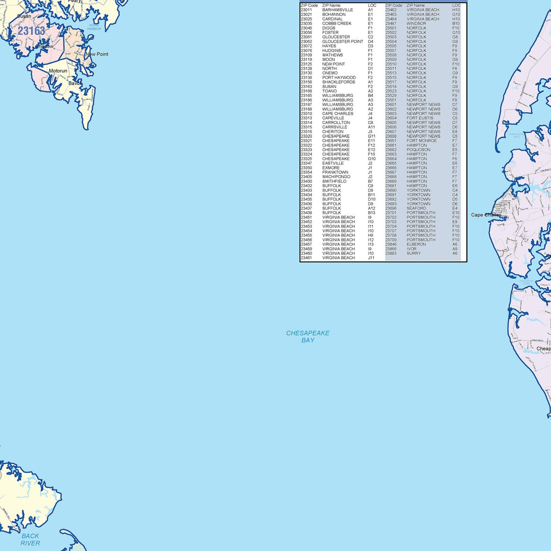 Color Cast Zip Code Style Wall Map of Tidewater, VA