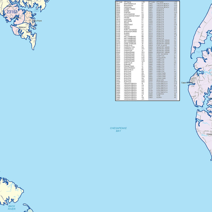 Color Cast Zip Code Style Wall Map of Tidewater, VA