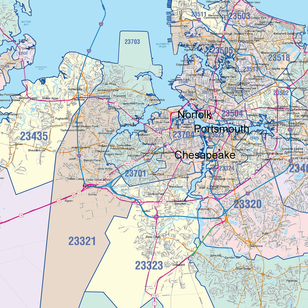 Color Cast Zip Code Style Wall Map of Tidewater, VA