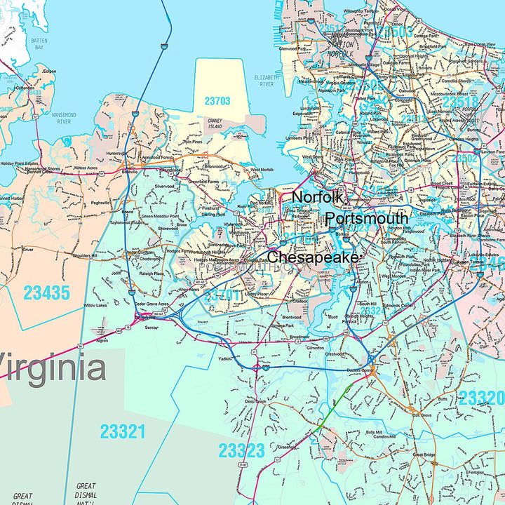 Premium Style Wall Map of Tidewater, VA