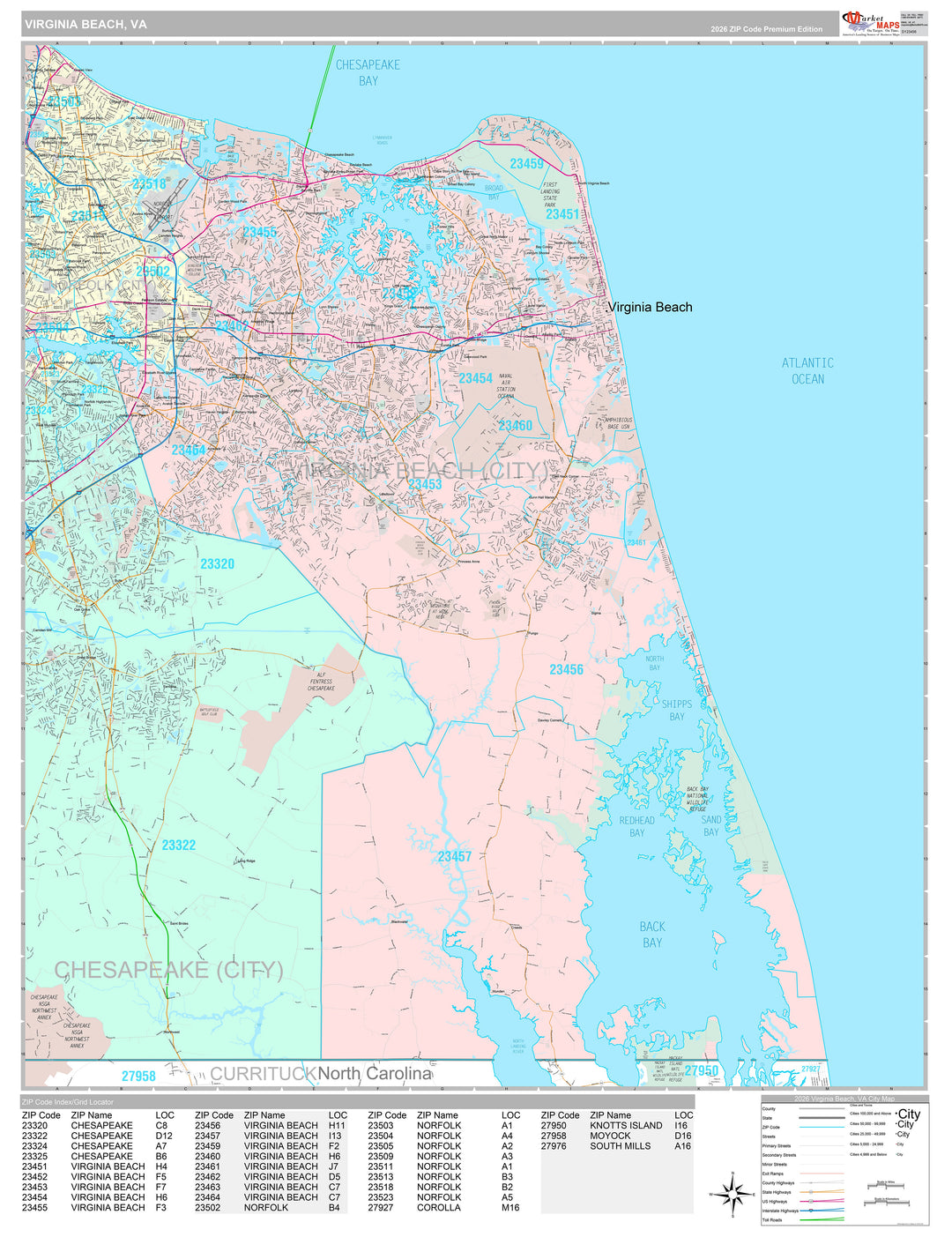 Premium Style Wall Map of Virginia Beach VA