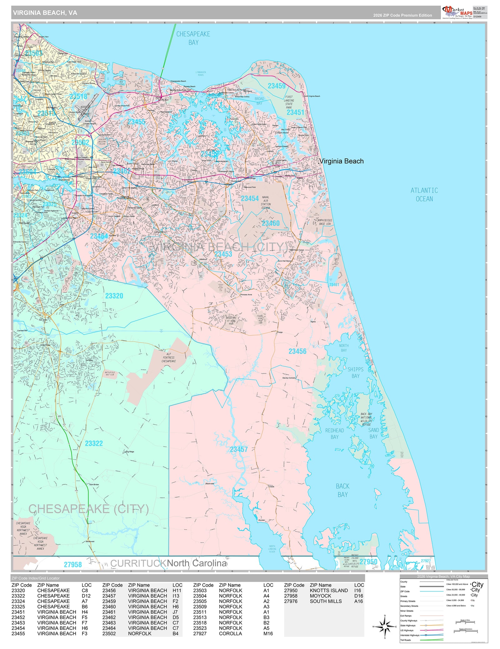 Premium Style Wall Map of Virginia Beach VA