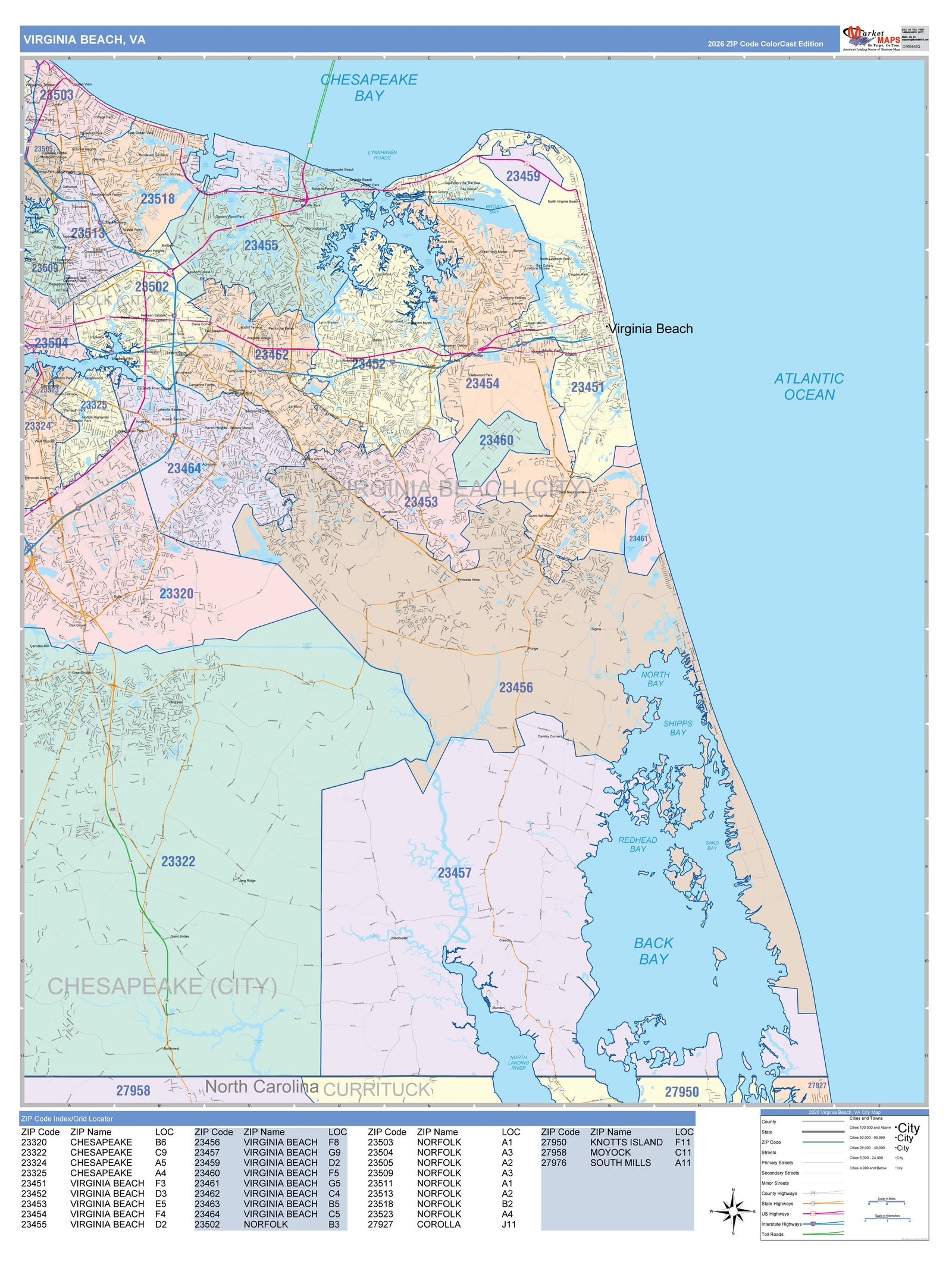 Color Cast Zip Code Style Wall Map of Virginia Beach VA