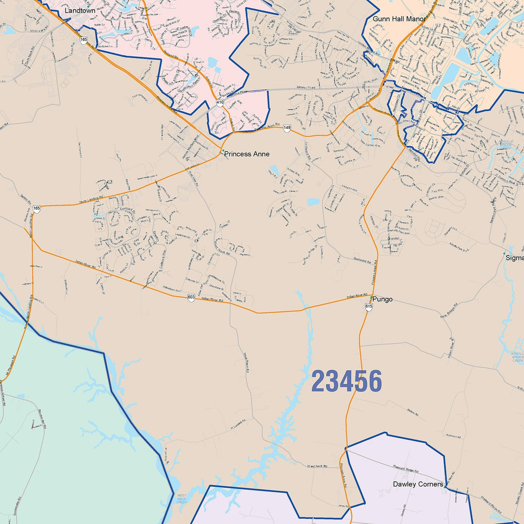 Color Cast Zip Code Style Wall Map of Virginia Beach, VA – American Map ...