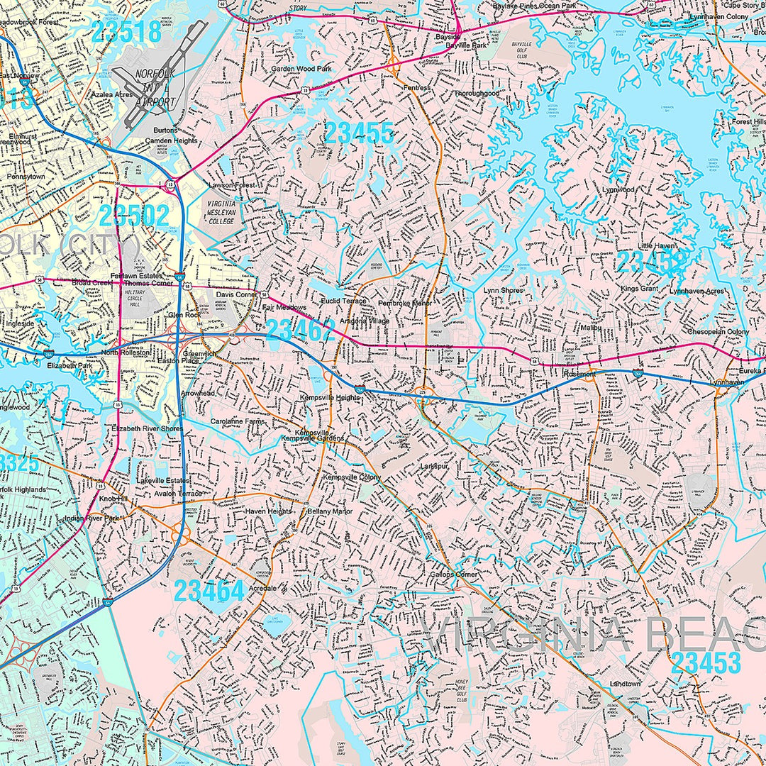 Premium Style Wall Map of Virginia Beach VA
