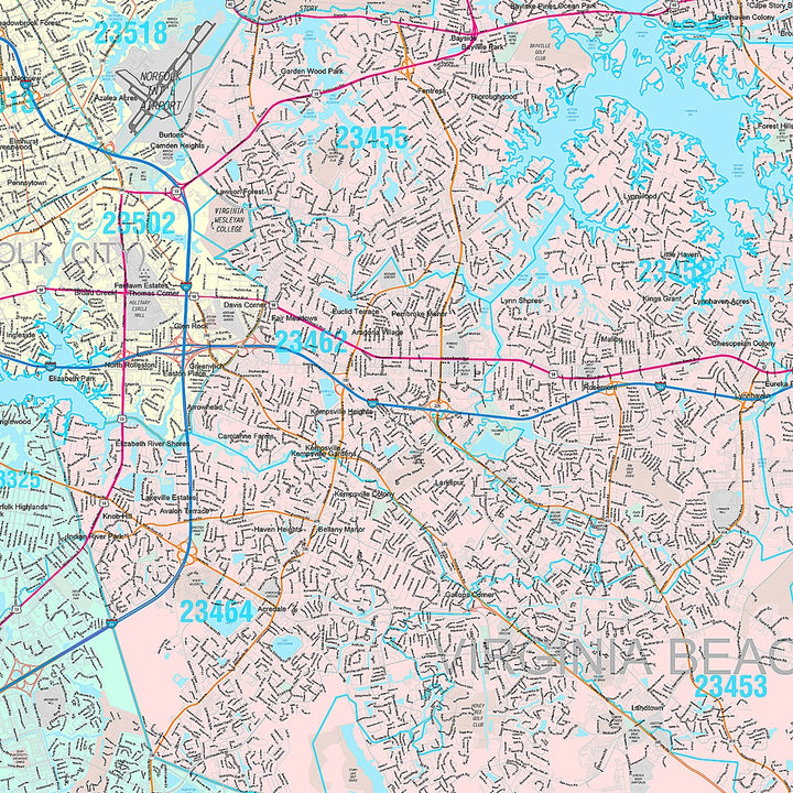 Premium Style Wall Map of Virginia Beach VA