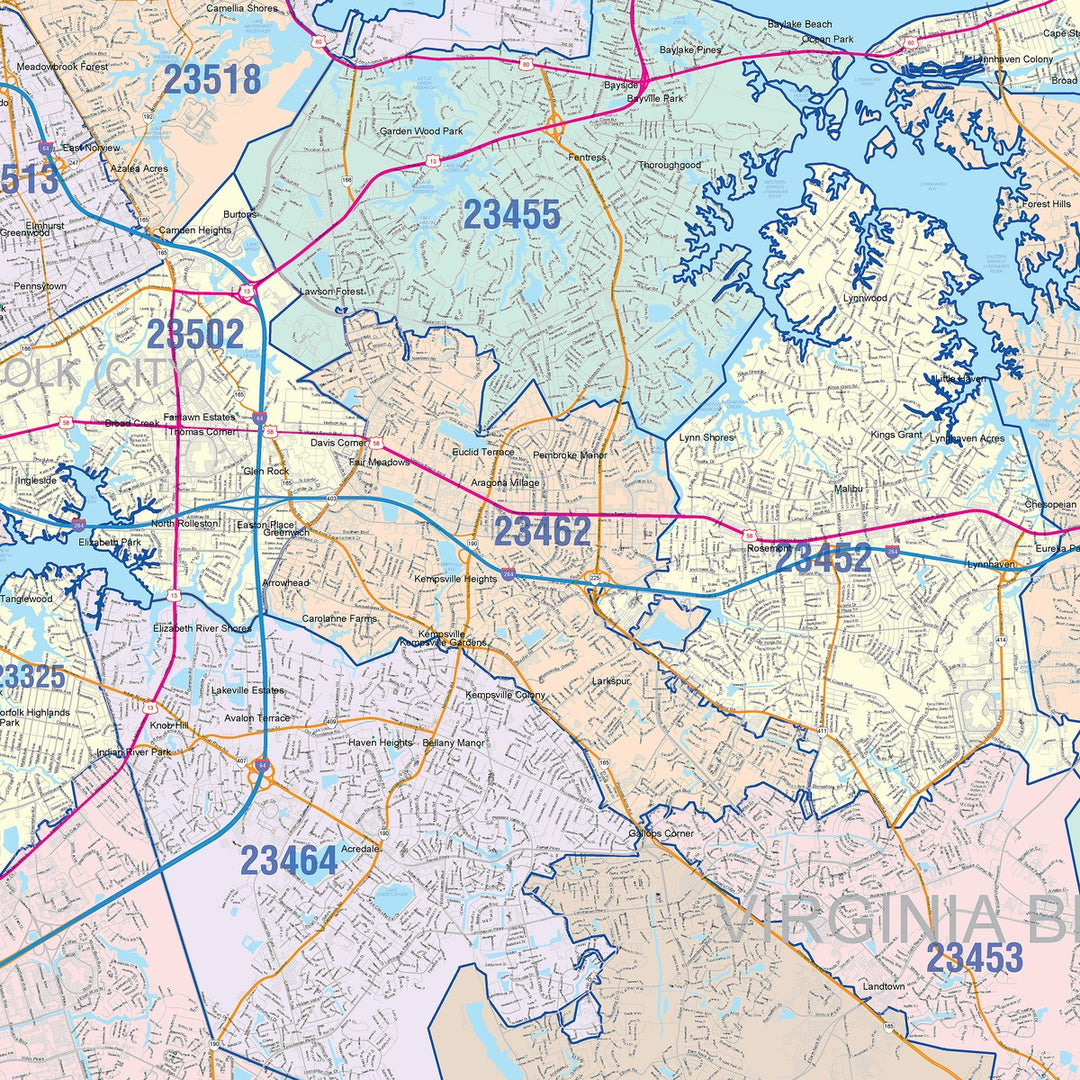 Vb Zip Code Map Color Cast Zip Code Style Wall Map of Virginia Beach, VA – American Map ...