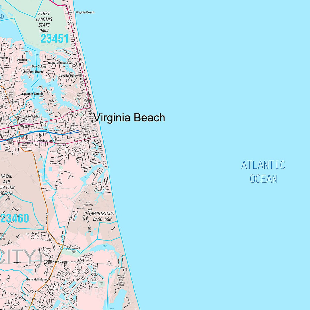 Premium Style Wall Map of Virginia Beach VA