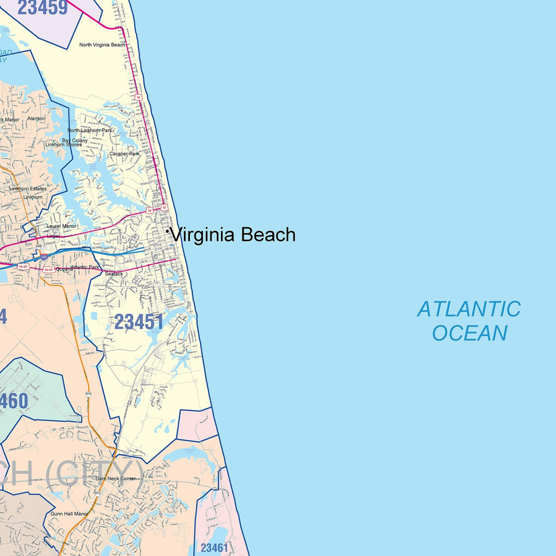 Vb Zip Code Map Color Cast Zip Code Style Wall Map of Virginia Beach, VA – American Map ...