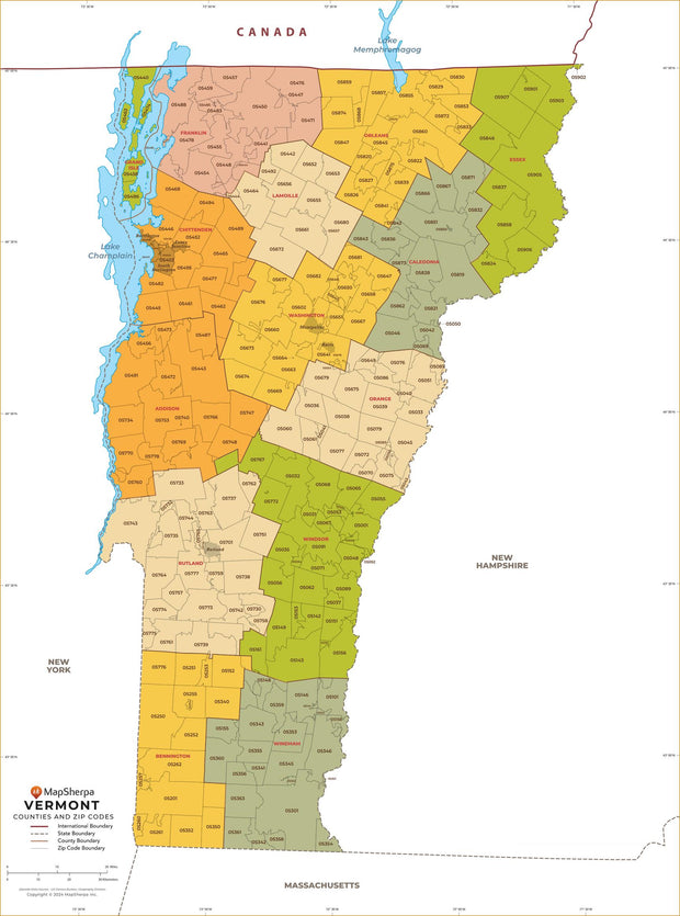 Vermont Zip Code Map with Counties