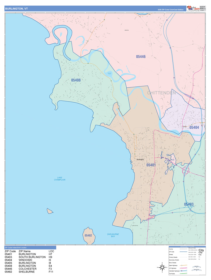 Color Cast Zip Code Style Wall Map of Burlington, VT