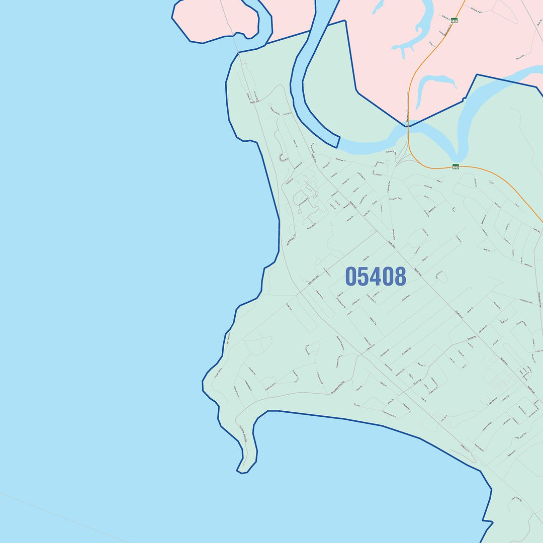 Color Cast Zip Code Style Wall Map of Burlington, VT