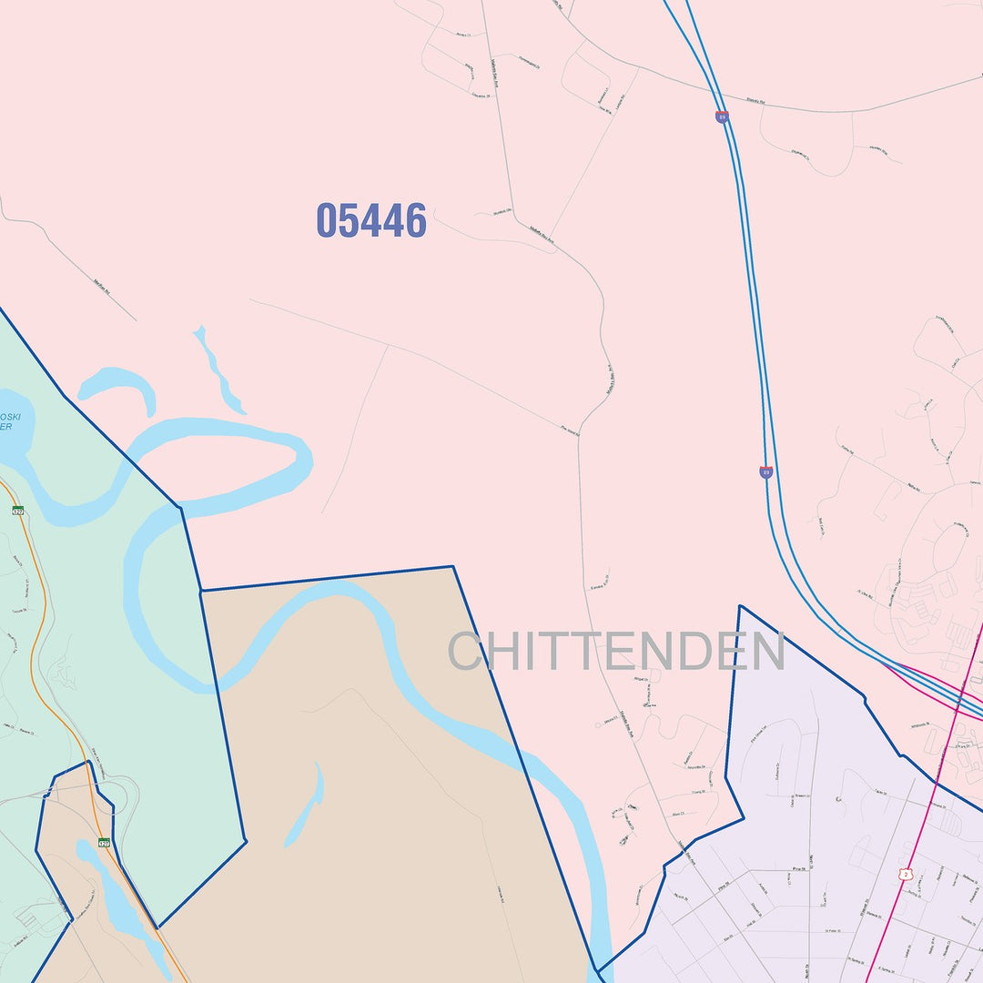 Color Cast Zip Code Style Wall Map of Burlington, VT