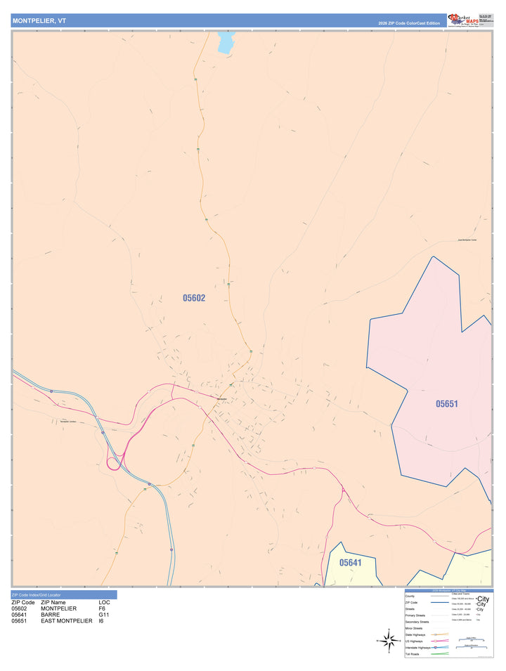 Color Cast Zip Code Style Wall Map of Montpelier, VT