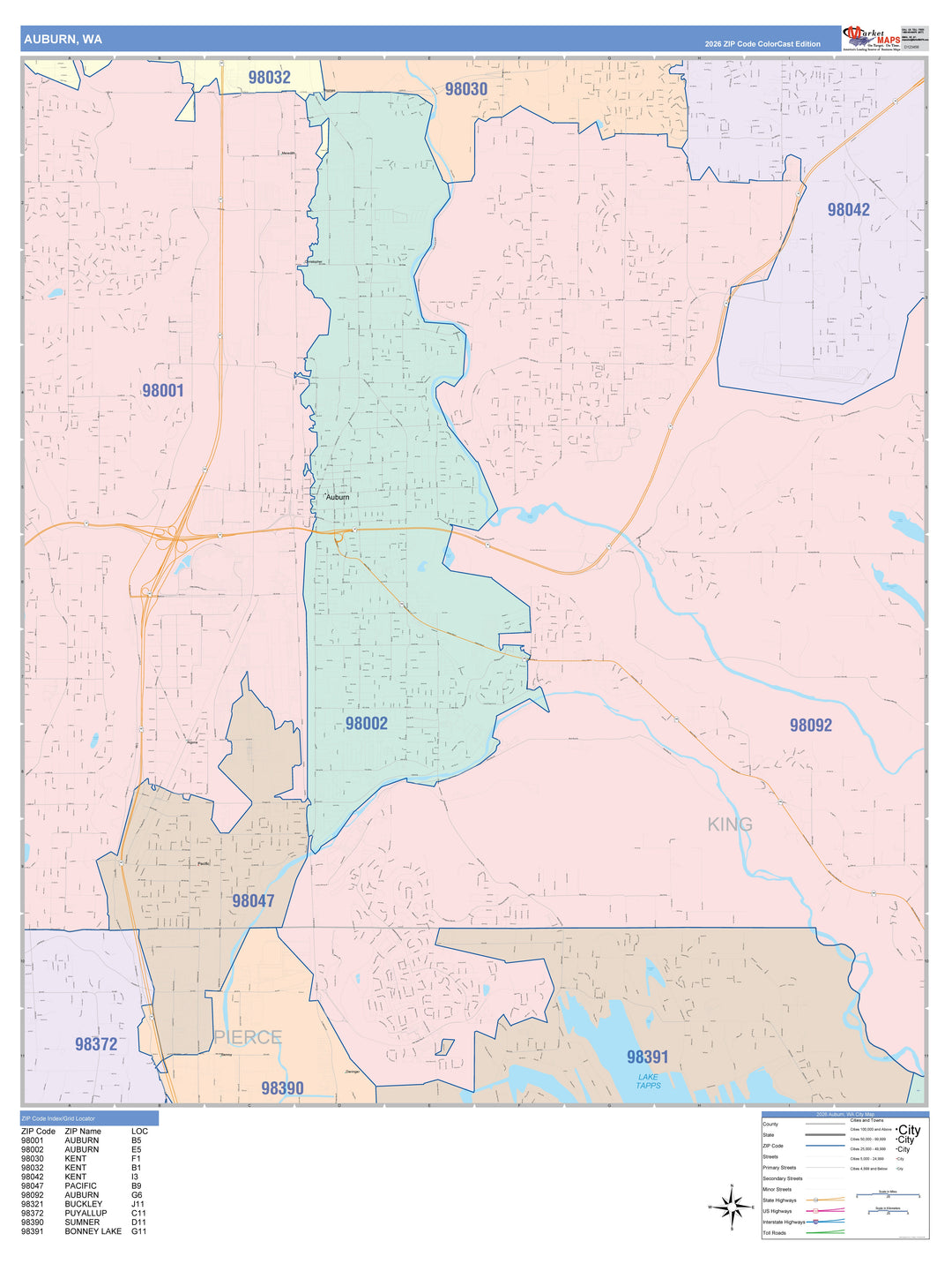 Color Cast Zip Code Style Wall Map of Auburn, WA