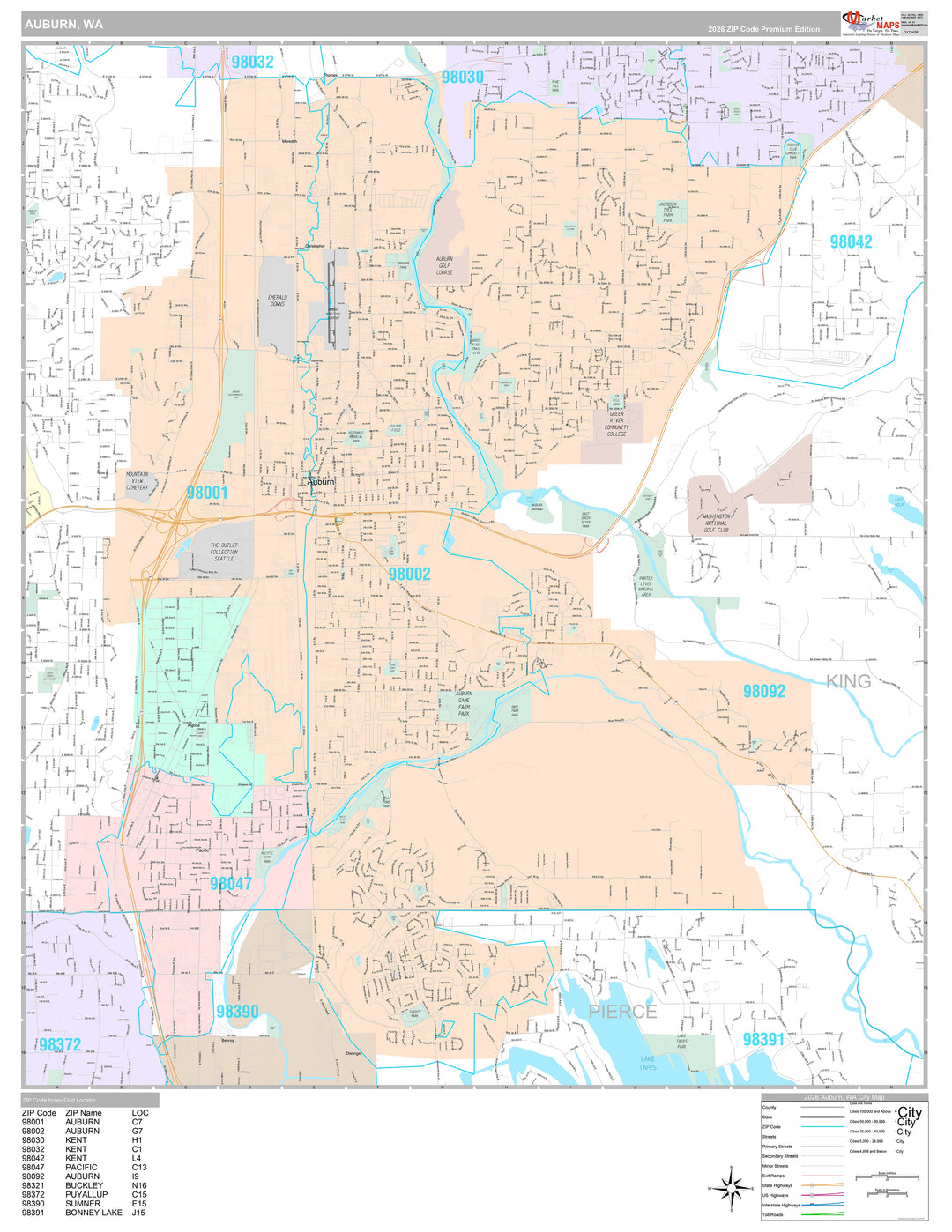 Premium Style Wall Map of Auburn, WA
