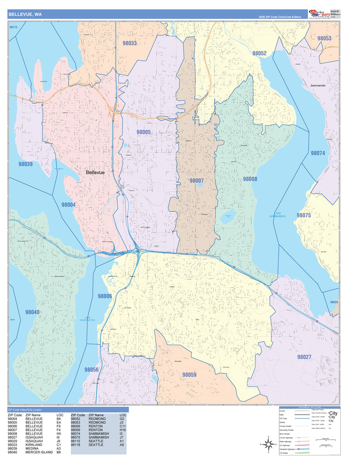 Color Cast Zip Code Style Wall Map of Bellevue, WA
