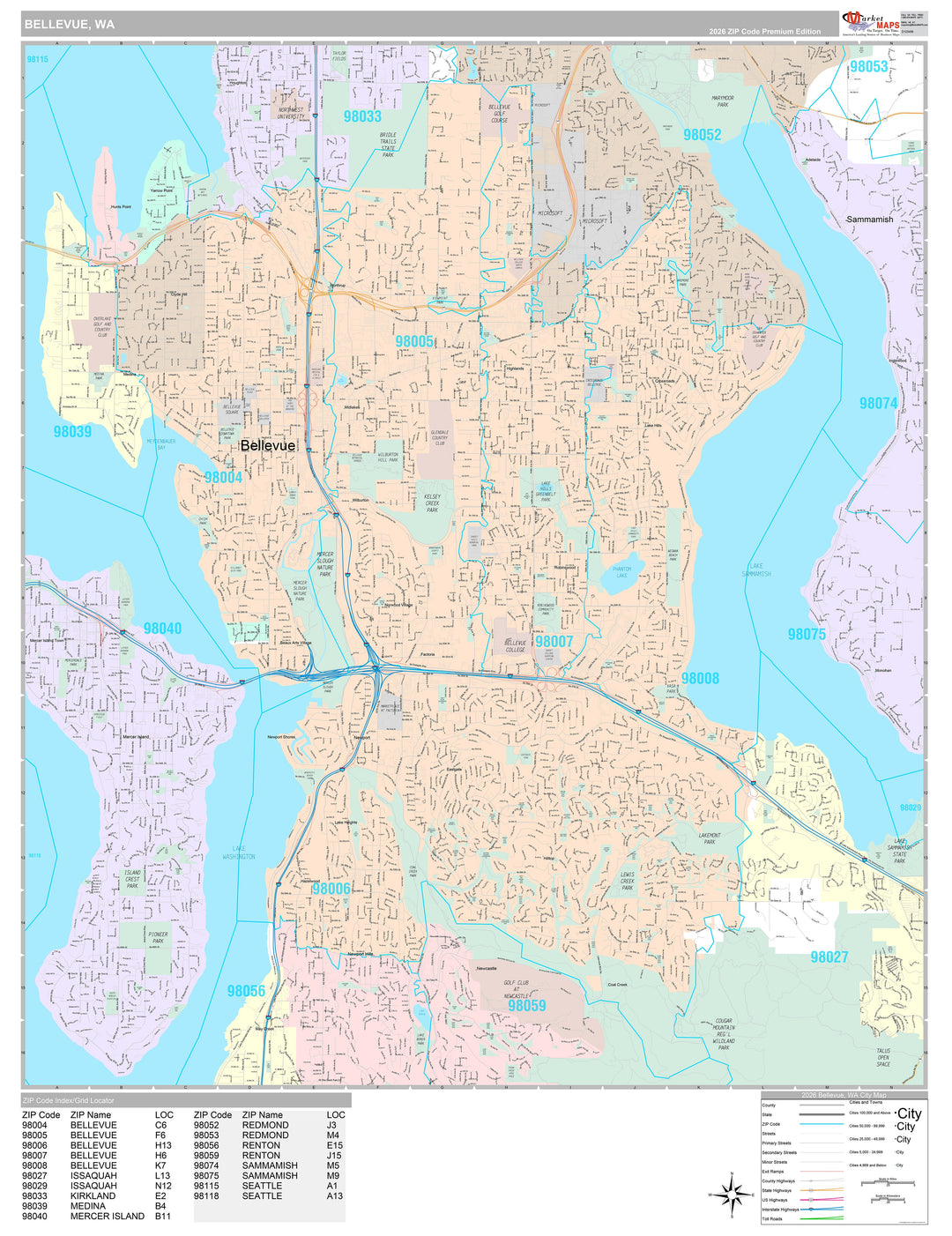 Premium Style Wall Map of Bellevue, WA
